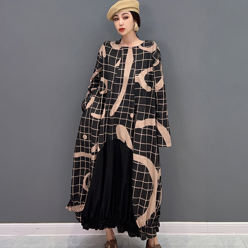 XITAO O-neck Plaid Irregular Dress Full Sleeve Korea Personality Pullover Fashion Loose Women Goddess Fan Casual FBB1573