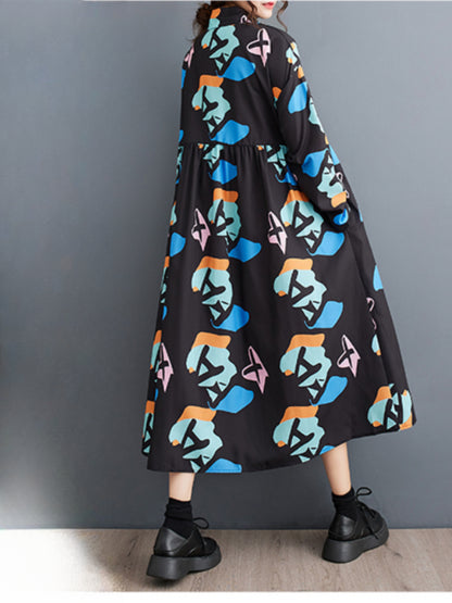 XITAO Contrast Color Print Dress Loose Fashion Long Sleeve Turn-down Collar Shirt Dress Initial Spring New Women LYD1471