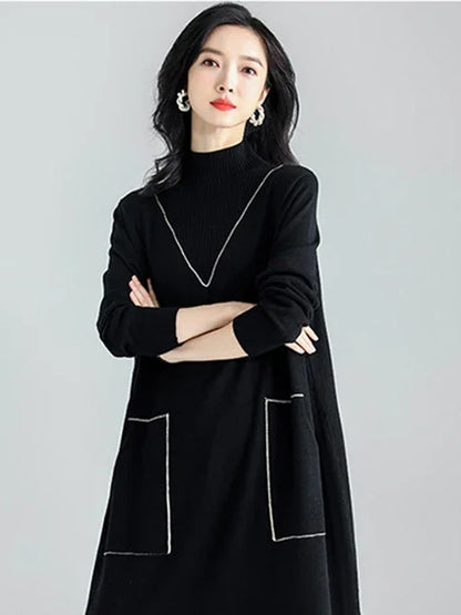 XITAO Split Dress Fashion Pullover Full Sleeve Goddess Fan Casual Style Spring Minority Pocket Solid Color Dress WLD13234