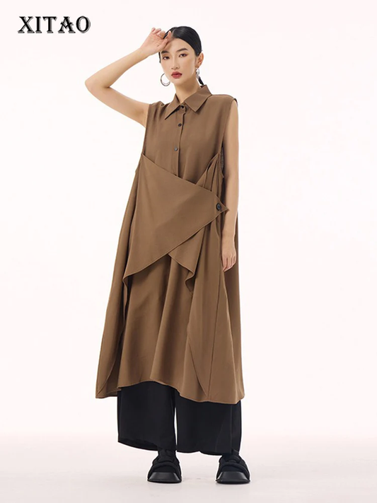 XITAO Button Single Breasted Female Casual Dress A-line Loose Fitting Japanese Style Solid Color Sleeveless Women Dress GMM1304