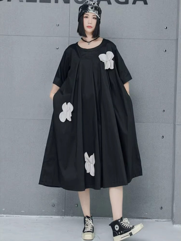 XITAO Solid Color Casual A-line Knee-length O-neck Dress New Floral Half Sleeve Pullover Loose Summer Female Dress GMM1027