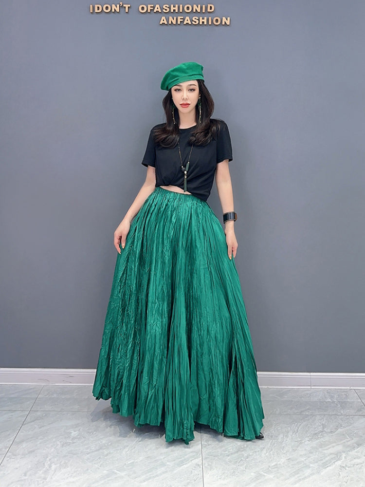 XITAO Pleated Solid Casual Skirts Women Korea Summer New Arrival Personality Fashion Loose All Match Mid-calf Skirts DMJ1498