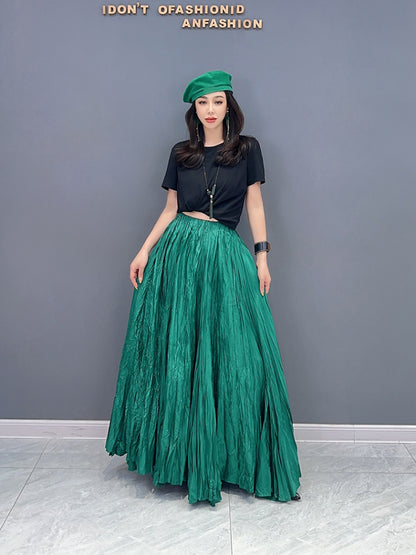 XITAO Pleated Solid Casual Skirts Women Korea Summer New Arrival Personality Fashion Loose All Match Mid-calf Skirts DMJ1498