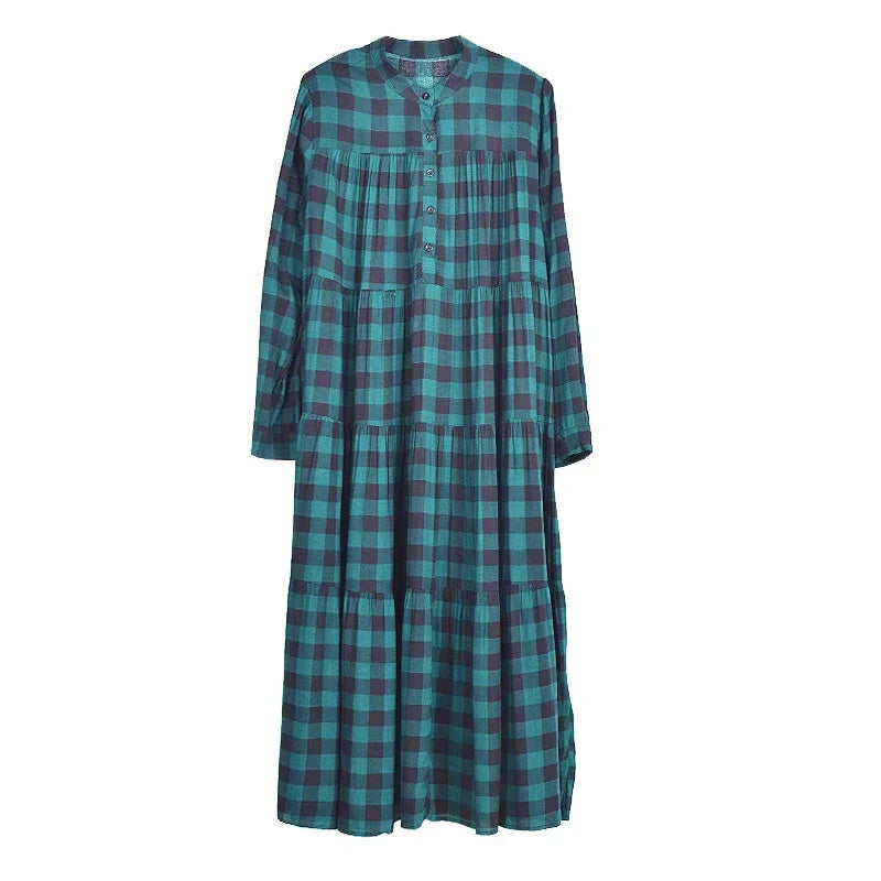 XITAO Plaid Pleated Pullover Dress Women Spring New Personality Fashion Loose Half High Collar Full Sleeve Dress GWJ0734