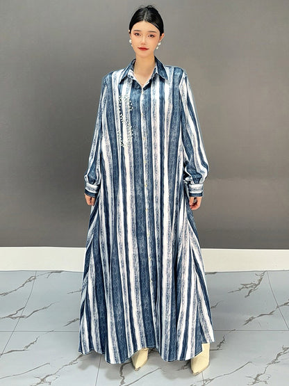 X XITAO Stripe Single Breasted Shirt Collar Dress Fashion New Arrival Vintage Casual Loose Fitting Simple Leisure Women Dress GMM1319