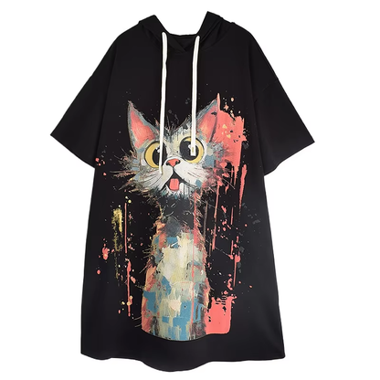 XITAO Hooded Drawstring Animal Print Casual Dress Loose Fitting Knee-length Half Sleeve Fashion New Summer Women Dress GMM1195