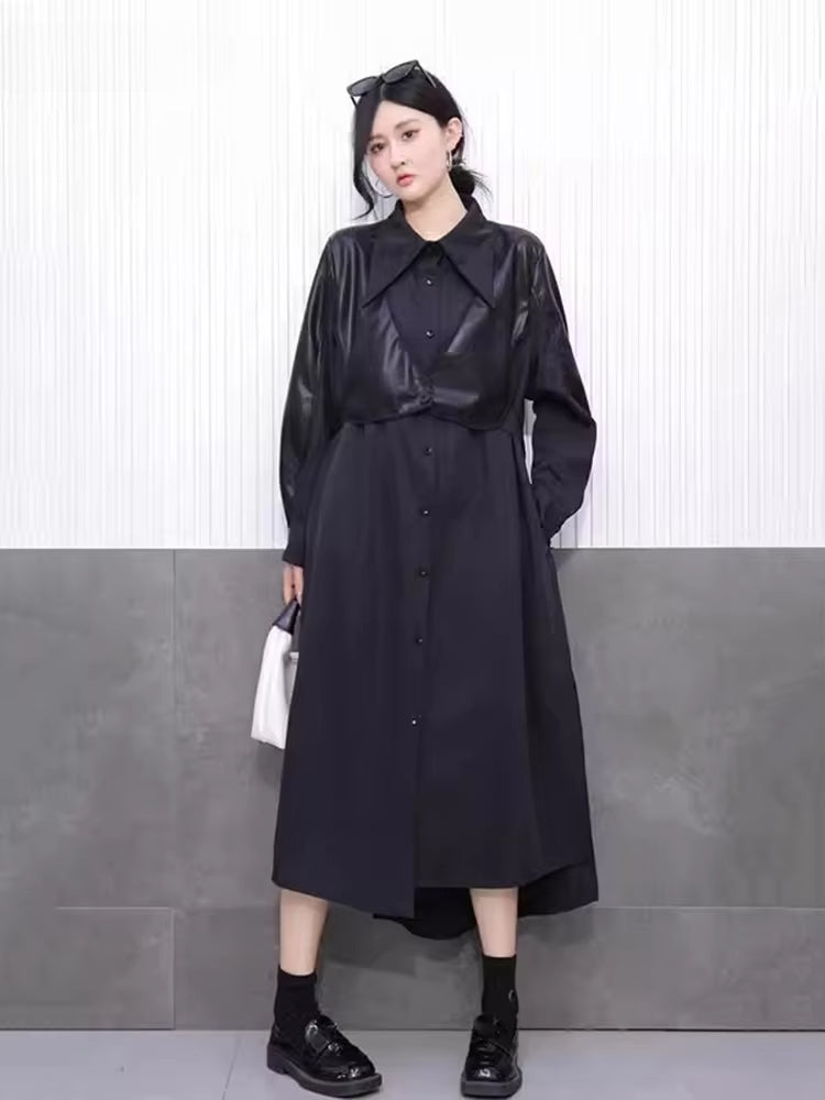 XITAO Pu Patchwork Single Breasted Dress Turn-down Collar Long Sleeve Loose Slimming A-line Mid-calf Temperament Dress ZY8930