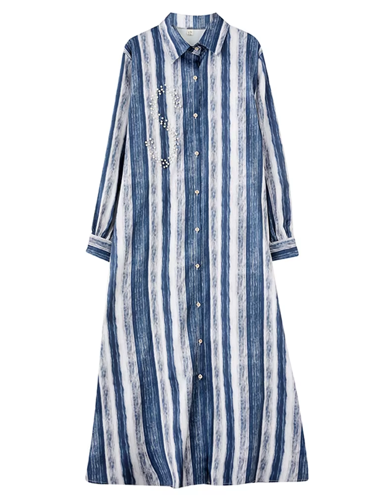 X XITAO Stripe Single Breasted Shirt Collar Dress Fashion New Arrival Vintage Casual Loose Fitting Simple Leisure Women Dress GMM1319