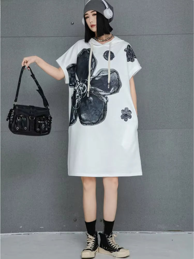 XITAO Hooded Print Flower Half Sleeve Dress Casual Loose Fitting A-line Knee-length Pullover Simple Summer Women Dress GMM1324