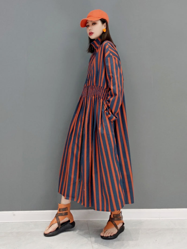 XITAO Striped Dress Fashion Stand Collar Loose Pleated Shrink Waist Shirt Dress Spring Summer Simplicity Women GWJ2751