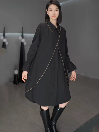 XITAO Trendy Full Sleeve False Two Pieces Dress Casual A-line Knee-length New Hong Kong Loose Fitting Spring Dress GMM1353