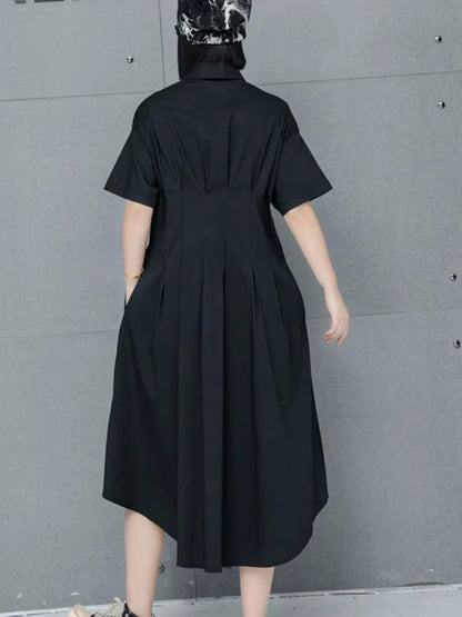 XITAO Loose Turn-down Collar Mid-calf A-line Solid Color Dress Irregular New Thin Single Breasted Buckle Female Dress GMM1019