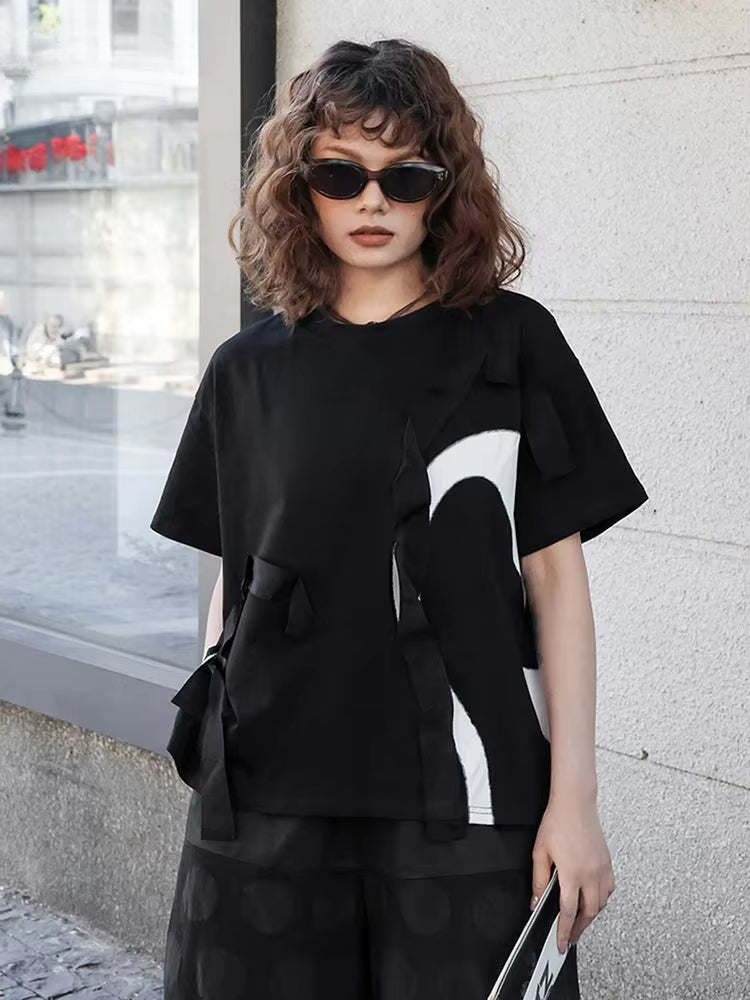 XITAO Contrast Color Patchwork Print T-Shirts O-neck Short Sleeve Personality Loose Casual All Match Slimming T-shirt ZY8919