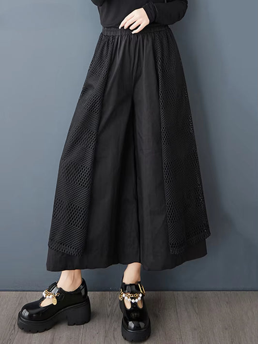 XITAO Hollow Out Patchwork Wide Leg Pants Loose Irregular Solid Color All-match Women Elastic Waist Ankle Length Pants HQQ2430