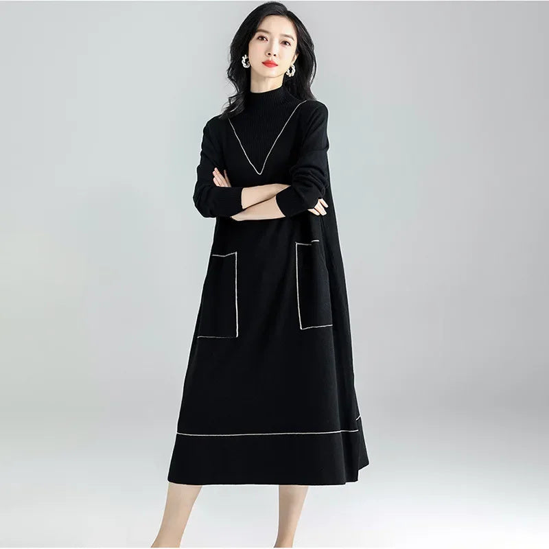 XITAO Split Dress Fashion Pullover Full Sleeve Goddess Fan Casual Style Spring Minority Pocket Solid Color Dress WLD13234