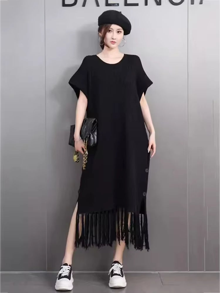 XITAO Knitting Patchwork Tassel Side Split Dress Solid Color O-neck Pullover Loose Slimming Hong Kong All Match GMM1352