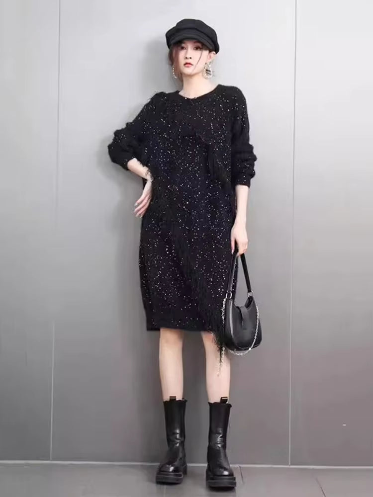 XITAO Sequin Patchwork Tassels Pullover Knitting Dress Solid Color Loose Casual Personality Temperament Slimming Dress GMM1339