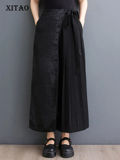 XITAO Bandage Patchwork Pleated Pants Solid Color Elastic Waist Loose Wide Leg Pants 2024 Summer Fashion New All Match ZY8758