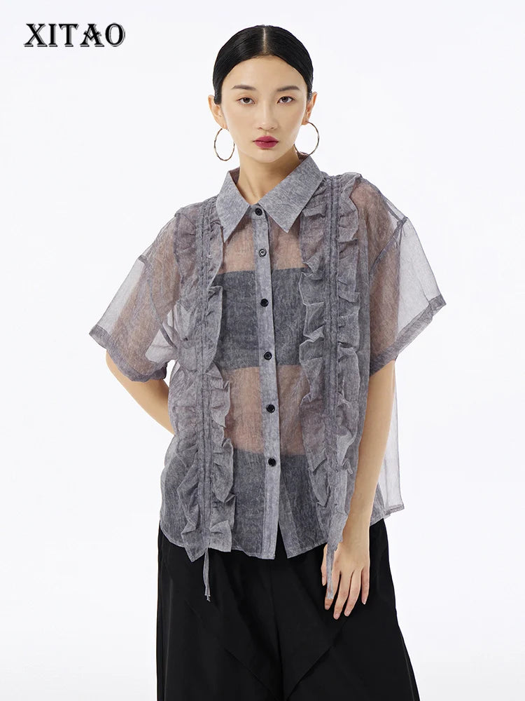 XITAO Perspective Gauze Shirt Fashion Drawstring Edible Tree Fungus Decorate Top Sexy Loose Women Shirt Summer New DMJ4163