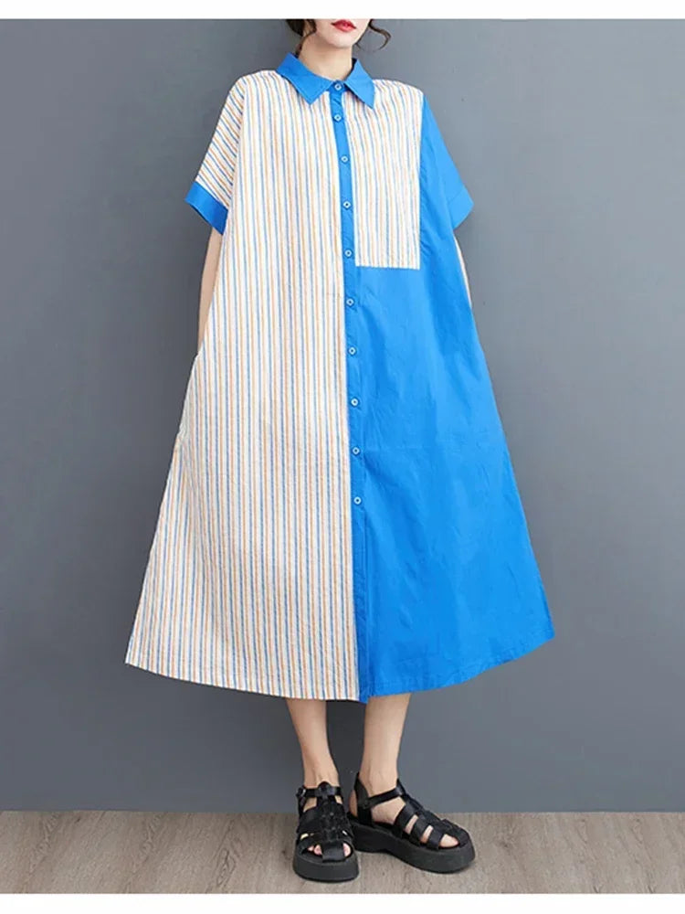 XITAO Striped Dress Fashion Women Goddess Fan Single Breasted Goddess Fan Casual Style Loose Summer Elegant Dress WLD11528