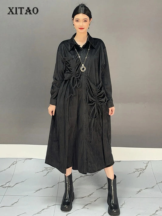 XITAO Solid Color A-line Casual Full Sleeve Mid-calf Dress Fashion Fitting Loose Personality Autumn New Female Dress GMM1066