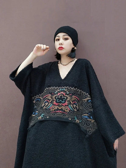 XITAO Embroidery Patchwork V-neck Dress Pullover Long Sleeve Loose Slimming Fashion Ankle-Length Dresses 2024 Autumn New LJ1092