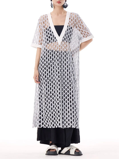 XITAO Mesh Hollow Out V-neck Half Sleeve Dress Casual Solid Color Elegant Personality Temperament Summer Female Dress GYX1505