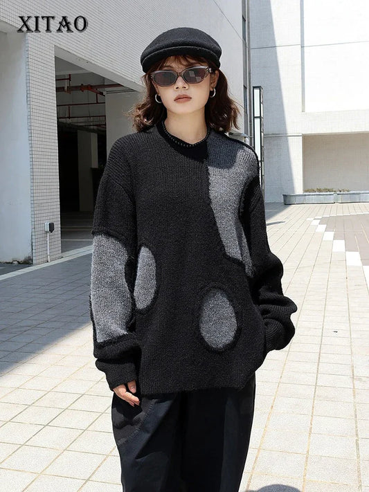 XITAO Knitting Contrast Color Loose Pullovers O-neck Long Sleeve All Match Slimming Casual Sweaters 2024 Autumn Fashion LJ1093