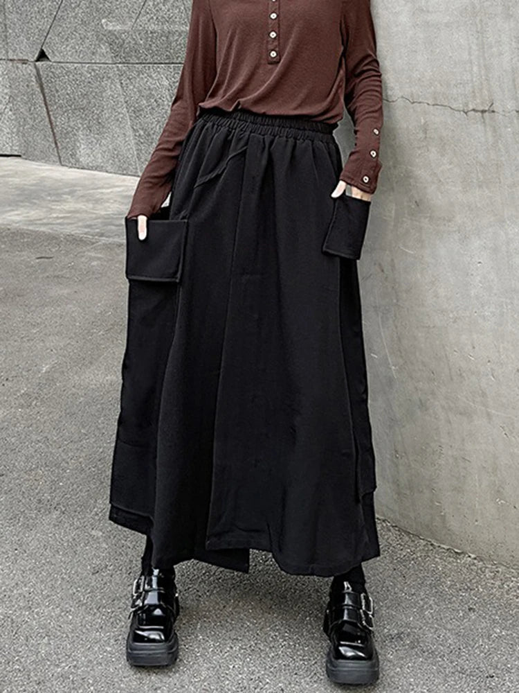 XITAO Autumn Loose Large Pocket Skirt All Match Casual Elastic Waist Solid Color Irregular Split Fork Ankle Length Skirt ZYY1016