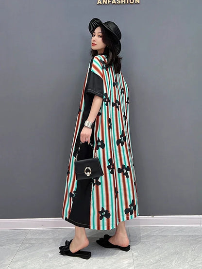 XITAO Fashion Striped Print Dress Loose Casual Simplicity Contrast Color Women T-shirt Dress Temperament Summer New ZY7275