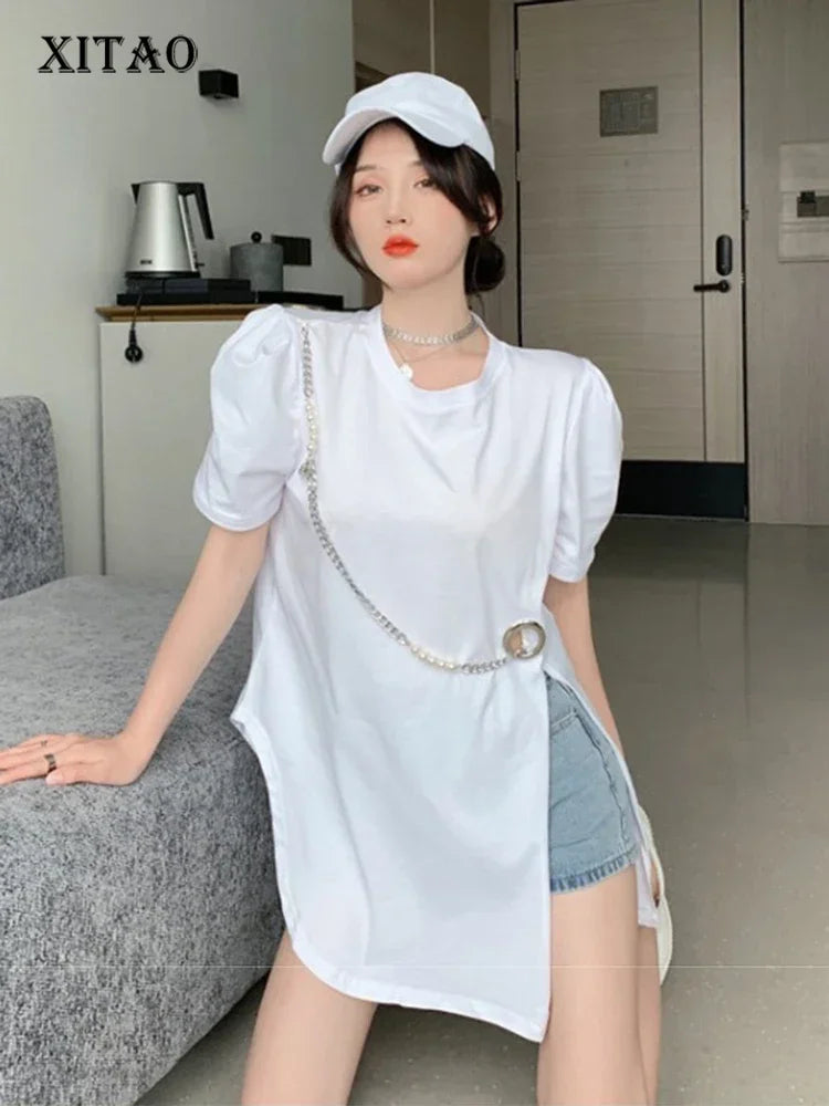 XITAO Fashion Casual T-shirt Chain Splicing Slit Women Personality Top Summer New Solid Color Street Trendy T-shirt LYD1386