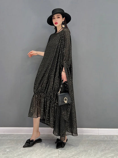 XITAO Batwing Sleeve Asymmetrical Dresses Wave Point O-neck Pullover A-line Mid-calf Slimming Women Dress Summer Fashion ZY8697