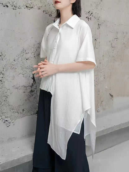 XITAO Asymmetrical Single Breasted Women Shirt Turn-down Collar Short Sleeve Solid Color Patchwork Casual 2024 Summer New GJ1032