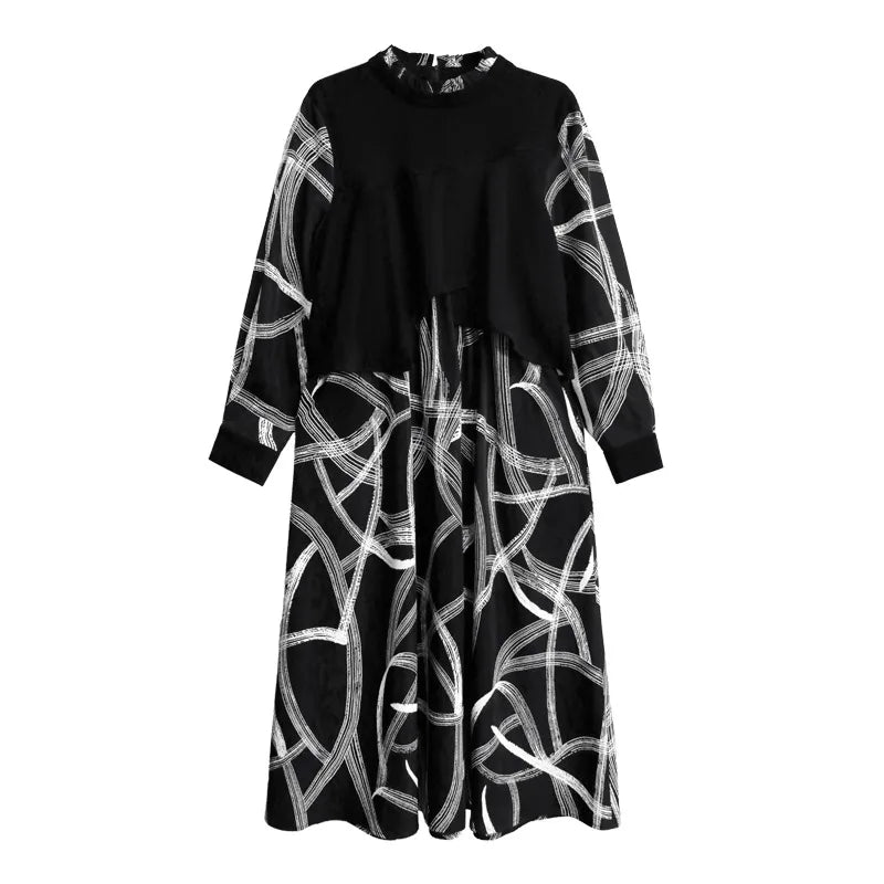 XITAO Print O-neck Pullover Dresses Long Sleeve Patchwork Pocket Fashion Casual Slimming Mid-calf Dresses 2024 Autumn LJ1050