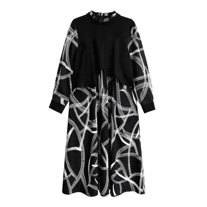 XITAO Contrast Color Print Pullover Dress O-neck Long Sleeve Loose Fashion Personality Slimming Dresses 2024 Autumn New LJ1051