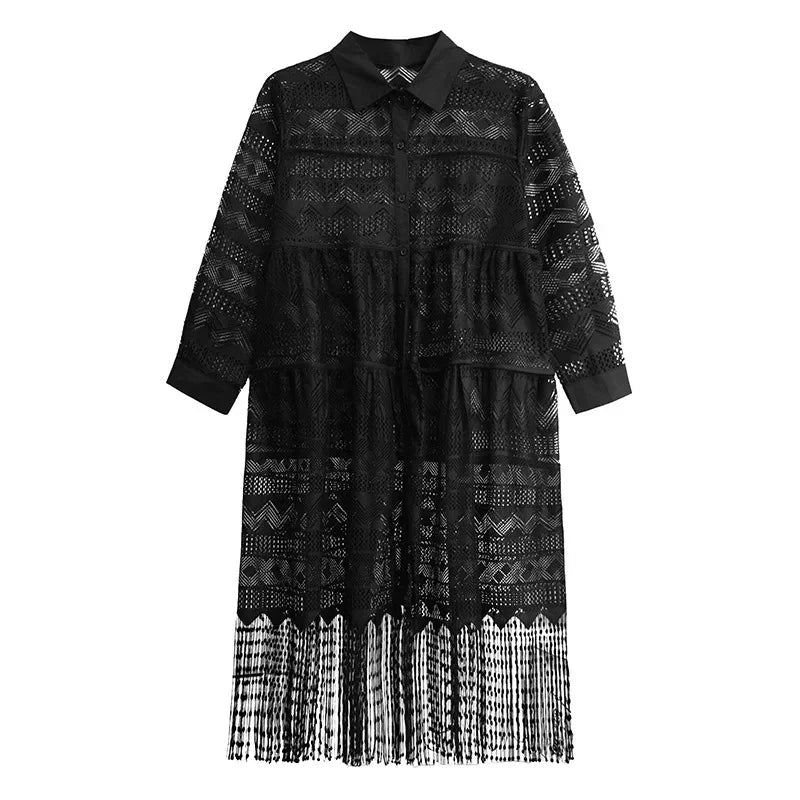 XITAO Casual Hollow Out Lace Black Mid-calf Dress Hong Kong New A-line Full Sleeve Loose Tassel Autumn Women Dress ZYY1117