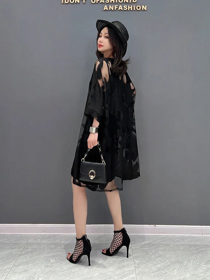 XITAO Black Mesh Jacquard Dress Loose Hollow Out Perspective Net Cloth Mini Dress Summer New Three Quarter Sleeve WMD7032