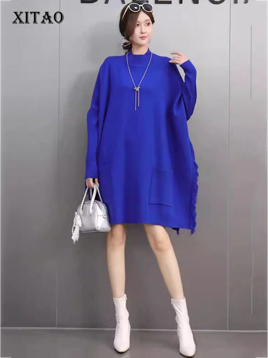 XITAO Popular Casual Tassel Loose Women Pullover Batwing O-neck Long Style Autumn Solid Color Knitting Female Sweater GMM1017