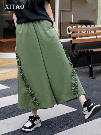 XITAO Loose Solid Color Wide Leg Pants Personality Edible Tree Fungus Spring Summer New Ankle Length Women Pants GJ1008