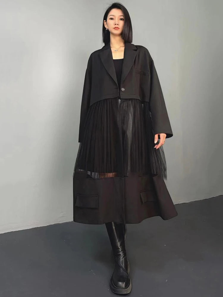 XITAO Splicing Mesh Hollow Out Long Sleeve Slimming Female Trench 2024 New Women Long Sleeve Collar Single Button Coat GYX1041