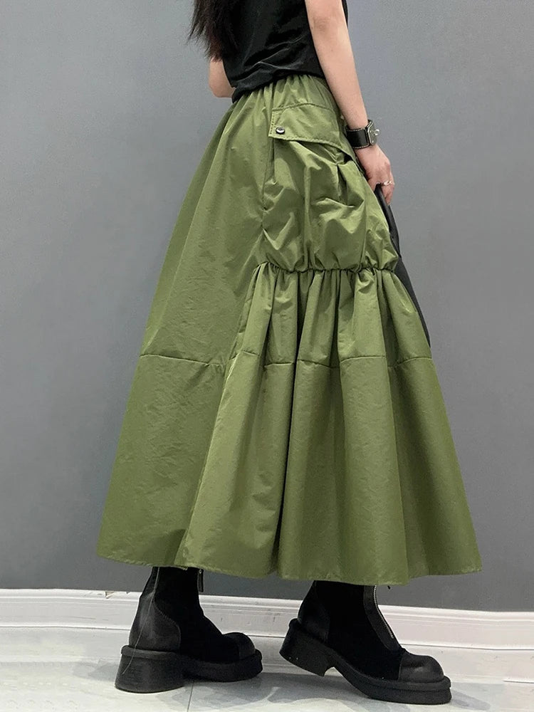 XITAO Pocket Patchwork Elastic Waist Folds Skirt Solid Color Mid-calf A-line Loose Slimming Skirts 2024 Summer All Match DMJ3981