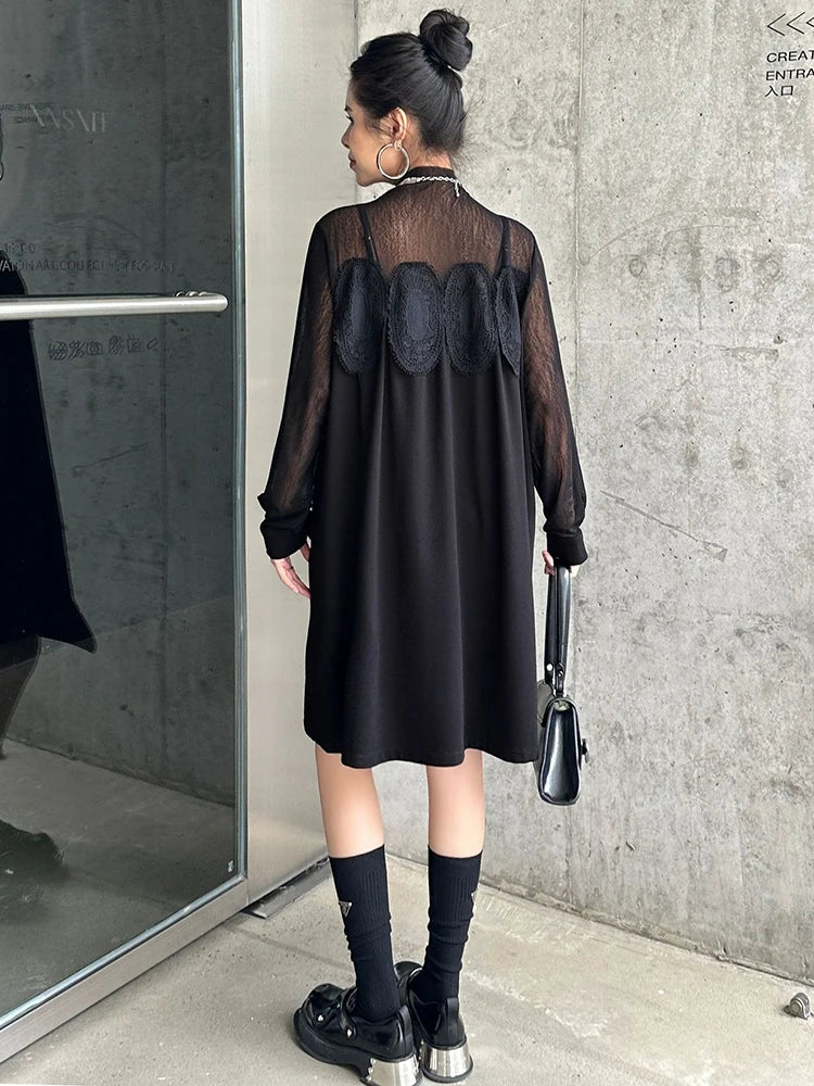 XITAO Casual Solid Color Loose Fitting O-neck Full Sleeve Female Dress Mesh Patchwork Pullover Autumn Women Dress GMM1093