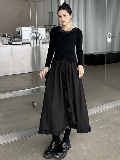 XITAO Casual A-line Solid Color Mid-calf Loose Fitting Skirt Patchwork Lotus Leaf Edge Pocket Fashion Autumn Women Skirt GMM1102