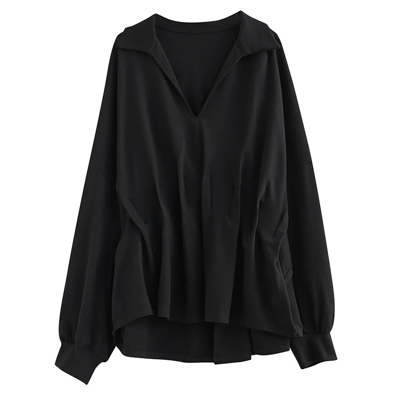 XITAO Black Casual Folds Women Blouse V-neck Collar Loose Top Batwing Sleeve Pullover Shirt Spring Simplicity New LYD1506