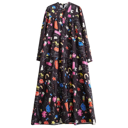 XITAO Cartoon Print Stand Collar Shirt Dress Casual Long Sleeve Loose Big Hem Contrast Color Dress Autumn Winter New HQQ2005