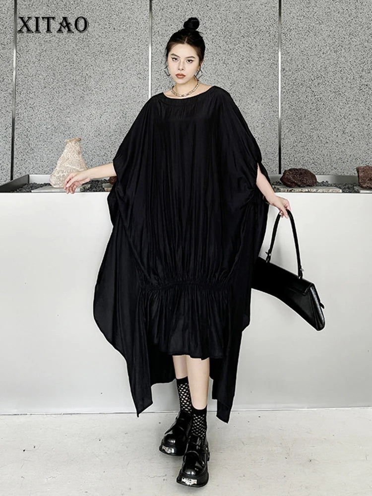 XITAO Black Irregular Batwing Sleeve Dress Loose Fashion Folds Patchwork Hem Summer New Personality Women WLD20226