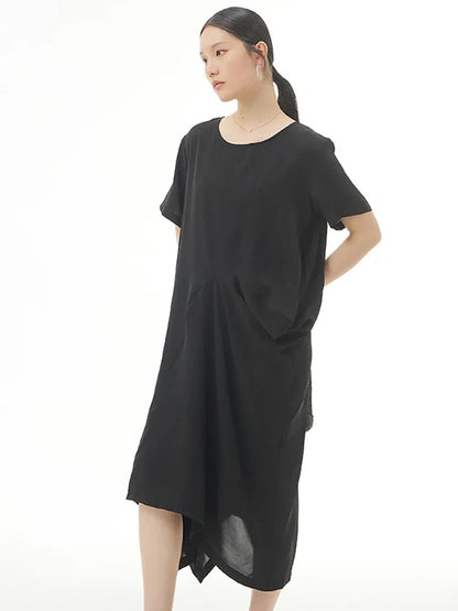 XITAO Asymmetrical Folds Splicing Dress Solid Color Temperament Simplicity O-neck Collar Casual Loose New WMD5417