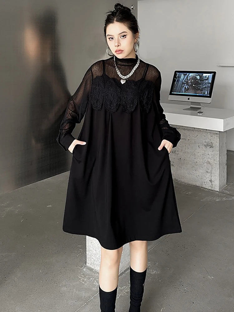 XITAO Casual Solid Color Loose Fitting O-neck Full Sleeve Female Dress Mesh Patchwork Pullover Autumn Women Dress GMM1093