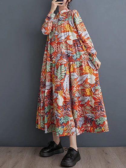 XITAO Contrast Color Print Dress Loose Fashion Long Sleeve Stand Collar Women Simplicity Temperament New Long Dress DMJ3612