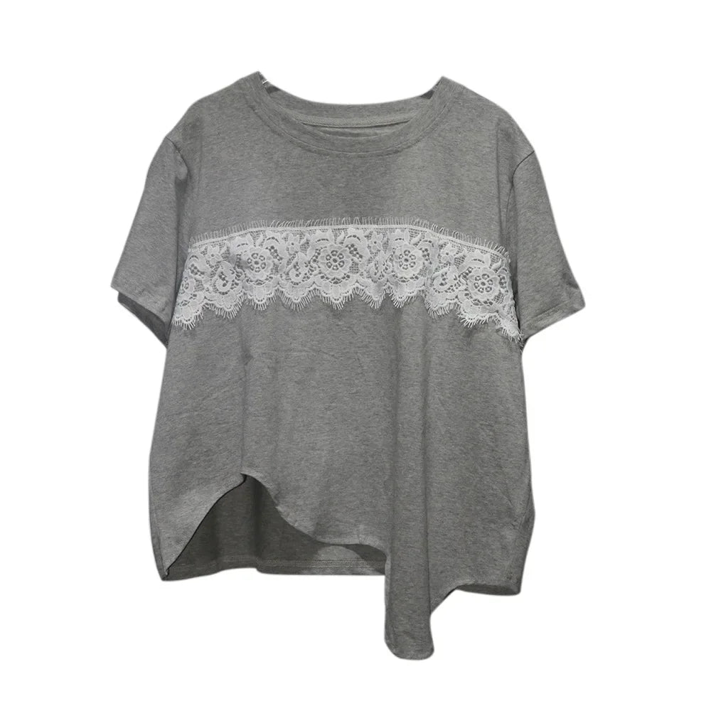 XITAO Irregular Casual Female T-shirt Lace Splicing Contrast Color Fashion New Women Top 2024 Summer Simplicity T-shirt DMJ4155